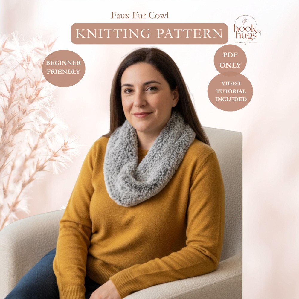 Faux Fur Cowl Knitting Pattern PDF with Video Tutorial, Beginner-Friendly Super Bulky Winter Neck Warmer