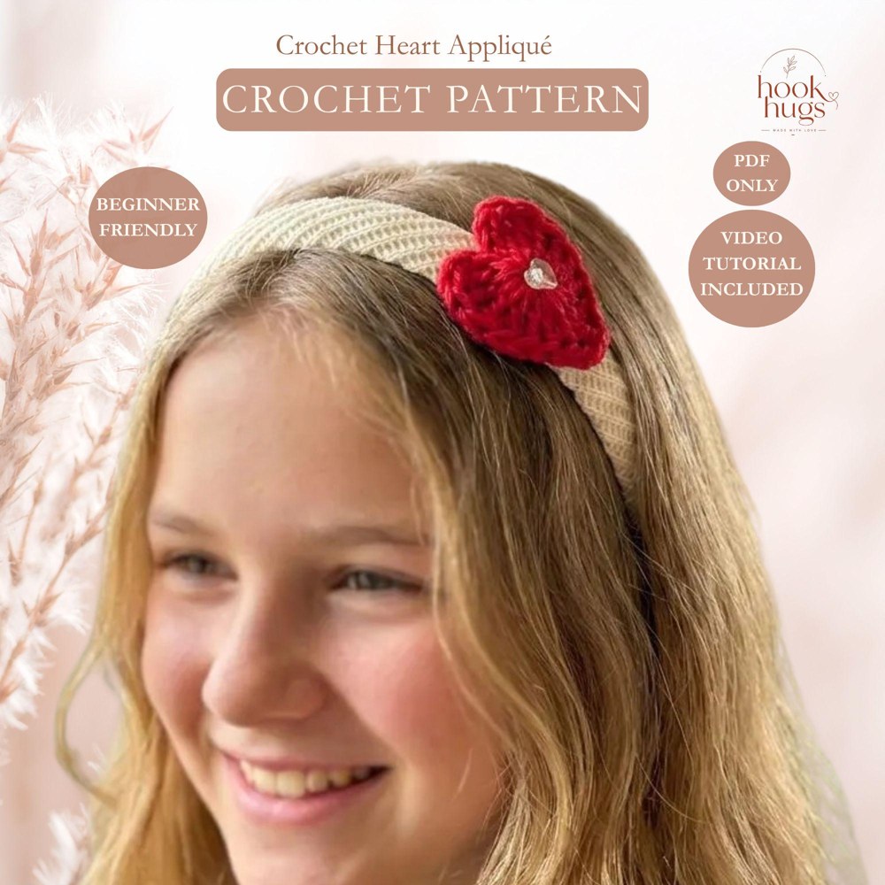 Crochet Heart Appliqué Pattern PDF with Video Tutorial, Beginner-Friendly Mini Heart Embellishment