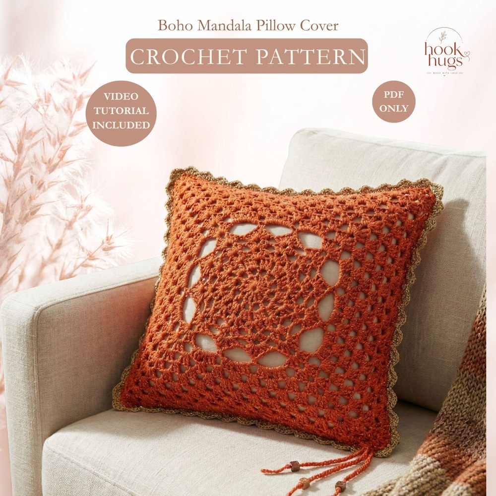 CROCHET PATTERN & VIDEO / Crochet Mandala Pillow Cover Pattern – Boho Floral Cushion (Pdf Pattern)