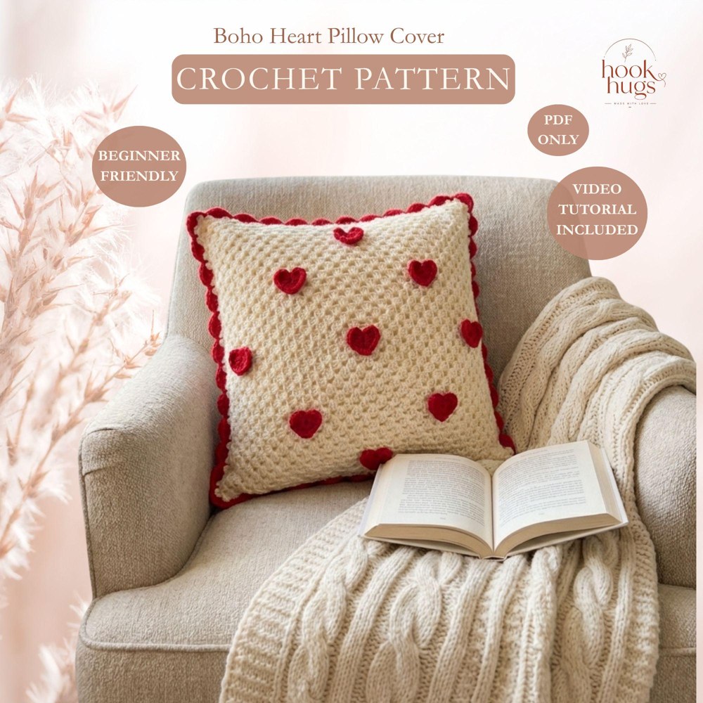 Crochet Heart Pillow Cover Pattern, Boho Cushion (PDF Pattern + Video Tutorial)