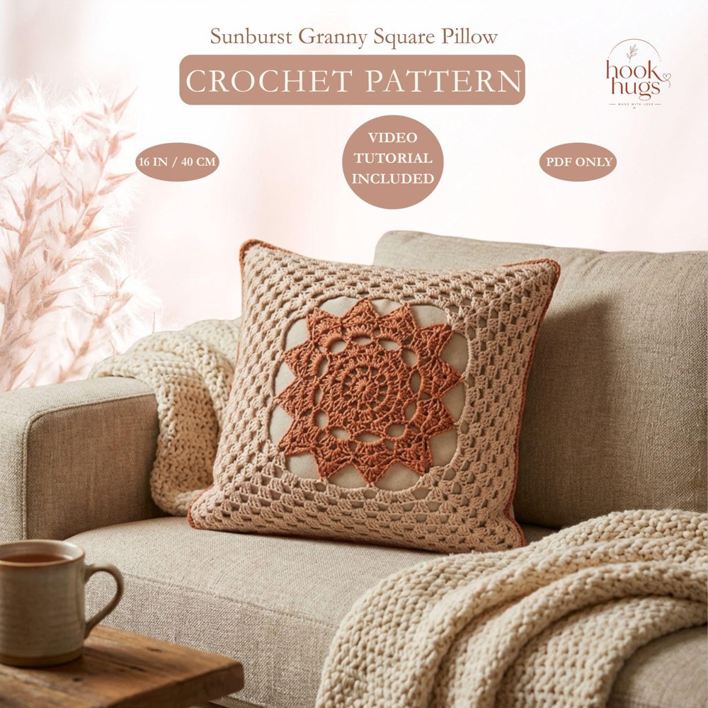Sunburst Granny Square Pillow Cover Crochet Pattern PDF with Video Tutorial, Boho Cushion, US Terms