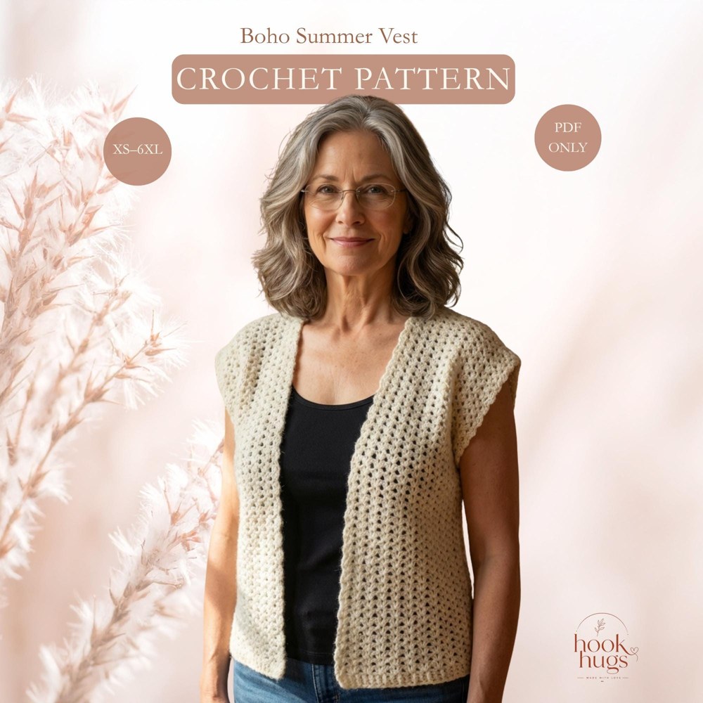 Boho Summer Crochet Vest Pattern, Seamless V-Stitch Sleeveless Cardigan (PDF Download)