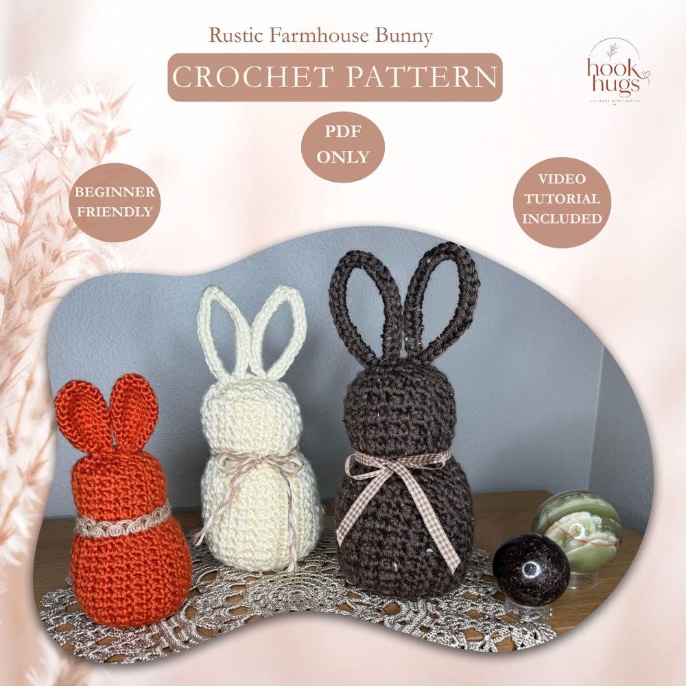 Rustic Farmhouse Bunny Crochet Pattern PDF with Video Tutorial, Easter Amigurumi Rabbit Plush