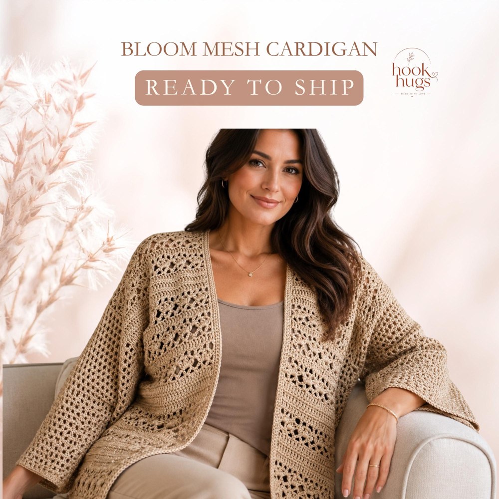 Handmade Crochet Mesh Cardigan for Women, Beige Floral Open Front Cardigan, Size Medium, Ready to Ship