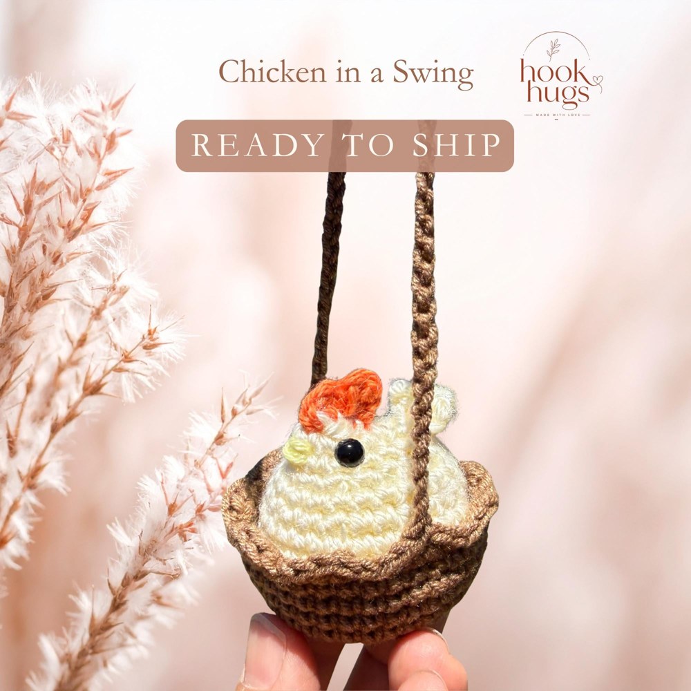 Crochet Chicken in a Swing, Handmade Amigurumi Chicken, Hanging Farmhouse Decor, Cute Chicken Gift