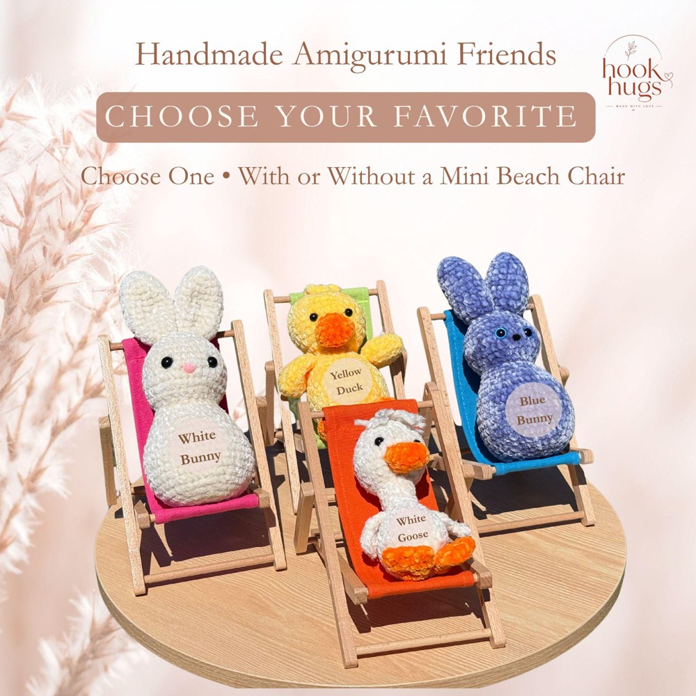 Crochet Animal Plush, Bunny, Duck or Goose Amigurumi with Optional Mini Beach Chair