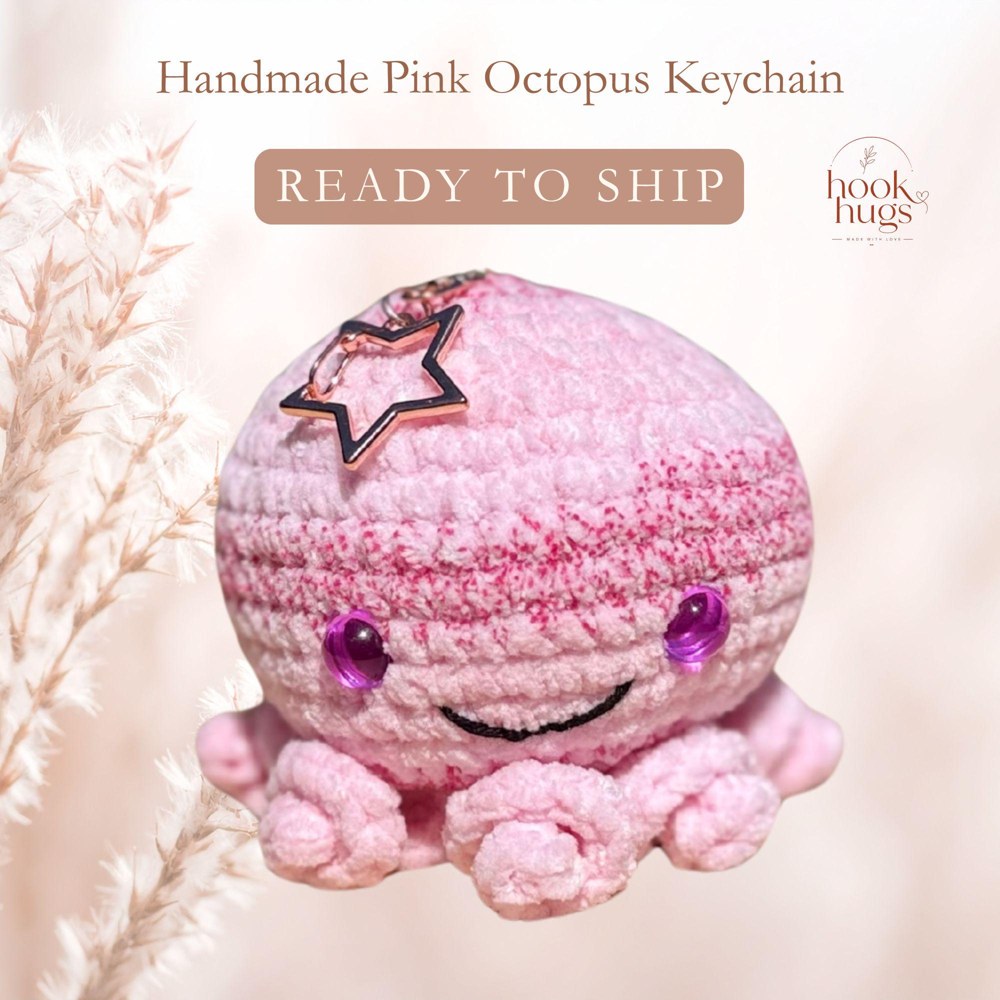 Pink Octopus Keychain with Optional Mini Beach Chair, Handmade Crochet Amigurumi Plush, Kawaii Bag Charm Gift
