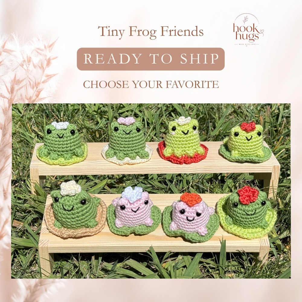 Mini Crochet Frog Plush, Handmade Amigurumi Frog on Lily Pad, Cute Frog Gift, Small Desk Buddy, Ready to Ship