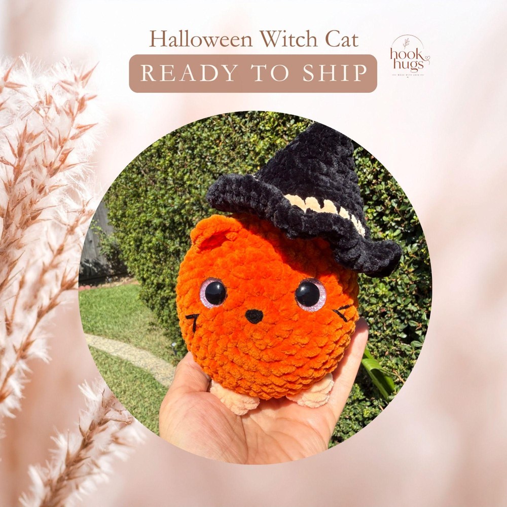 Crochet Halloween Witch Cat Plush, Handmade Orange Kitty with Removable Witch Hat, Cute Fall Decor, Halloween Gift