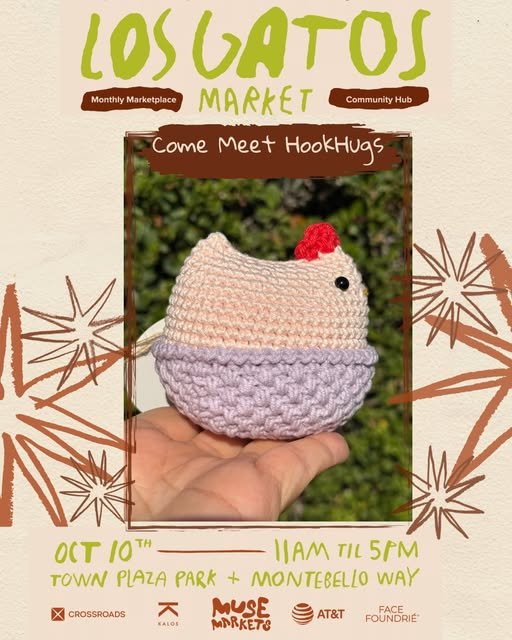 HookHugs crochet chicken on a MUSE Market announcement