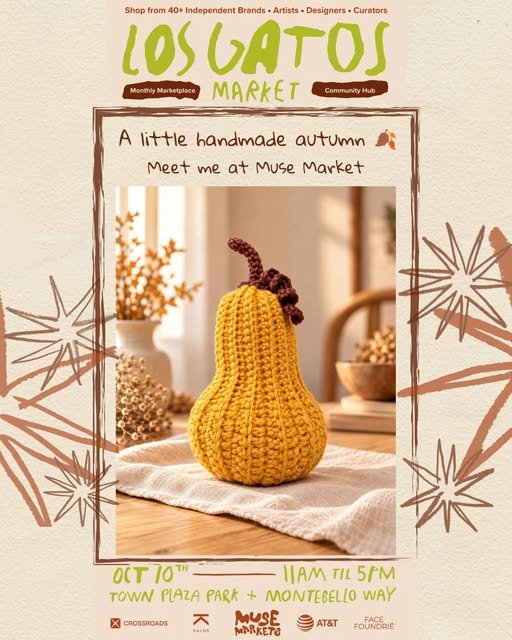 HookHugs crochet pear on an autumn MUSE Market announcement