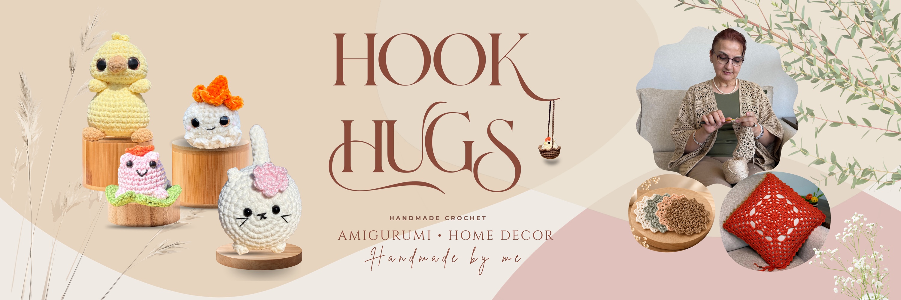 HookHugs handmade crochet: amigurumi and home decor, with crochet animals, Ferize crocheting, coasters and a red crochet cushion.
