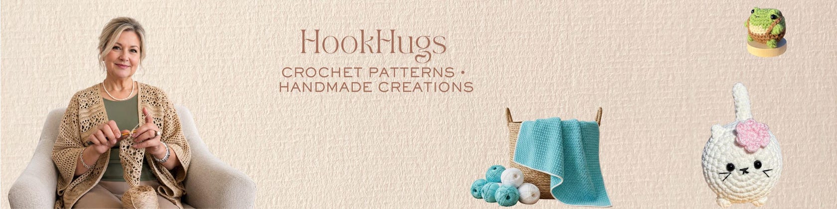 HookHugs: crochet patterns and handmade creations. The shop's banner with a maker crocheting, turquoise yarn and a little bunny.
